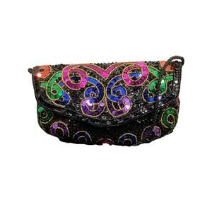 Vintage Purse Women’s 1Size Small Satin Purse With Beads And Sequins Strap Black
